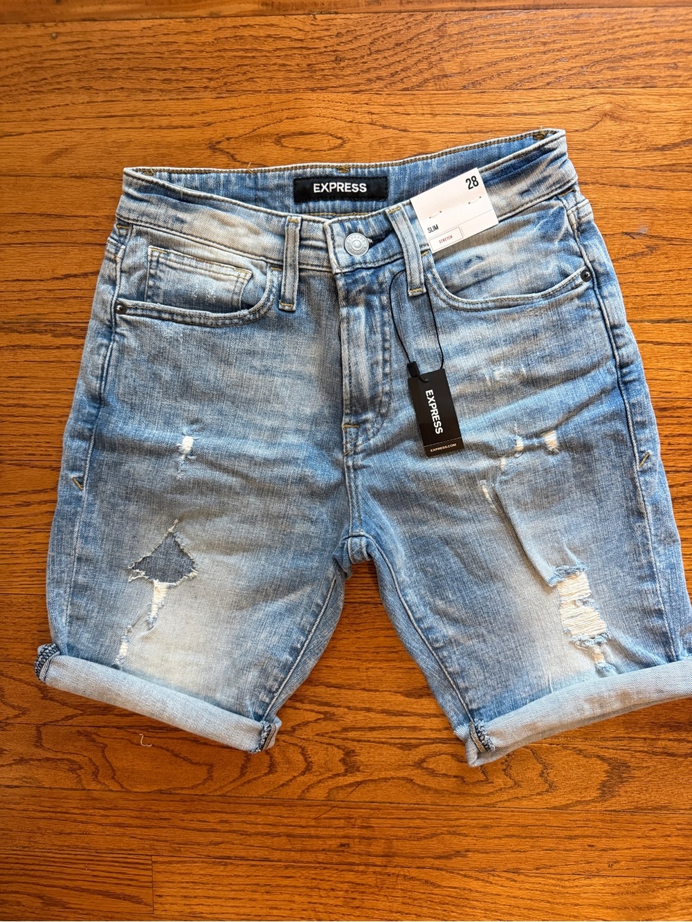 Express Men's Light Wash Distressed Denim Shorts